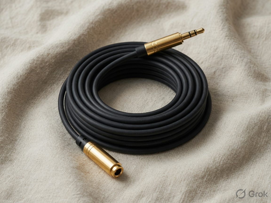 Coiled black 3.5mm stereo extension with a gold male plug and gold female jack